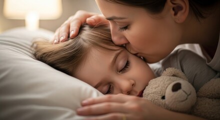 Mother's gentle kiss on sleeping child's forehead, teddy bear nearby