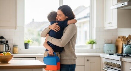 Mother's loving embrace for her son holding a blue and orange lunchbox in a bright kitchen.