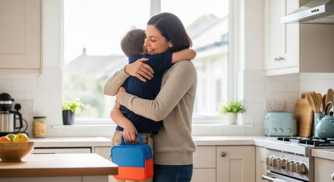 Mother's loving embrace for her son holding a blue and orange lunchbox in a bright kitchen. - Powered by Adobe