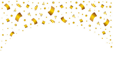 Gold falling serpentine and confetti background in arc shape. Shiny aesthetic banner. Vector festive sparkling golden backdrop