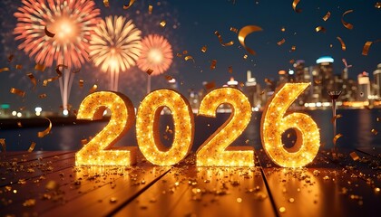 Celebrate the Dazzling Arrival of the Bright New Year 2026 with Stunning Fireworks and Cityscape Views