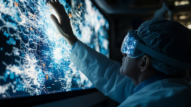 Scientist in protective gear analyzing a glowing digital map with augmented reality goggles