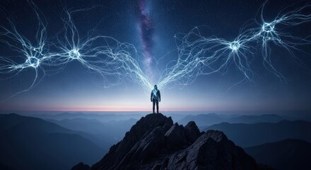 Mountain Peak Silhouette with Electric Energy and Milky Way Galaxy Backdrop