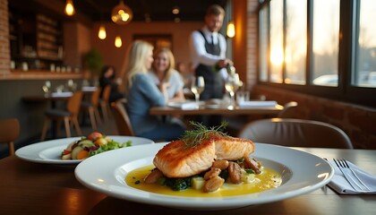 Exquisite Salmon Dish Served Elegantly in a Chic Restaurant Setting During Golden Hour