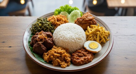 Nasi Campur: Indonesian Rice Dish with Vegetables, Meat, and Egg on Banana Leaf