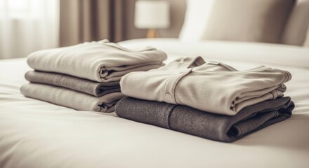 Neatly folded neutral sweaters and cardigans on a crisp white hotel bed