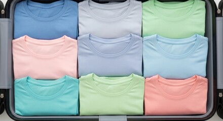 Neatly folded pastel t-shirts arranged in a suitcase, ready for travel and organized packing