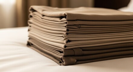 Neatly stacked folded brown shirts on a white bed, hotel room service