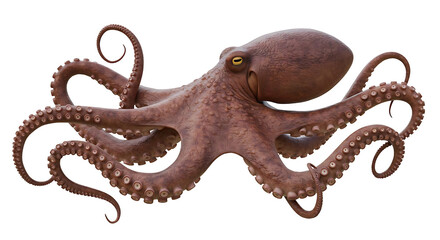 A detailed, realistic illustration of a large, brown octopus with eight coiled tentacles, showcasing its suckers and bulbous head against a stark white background.