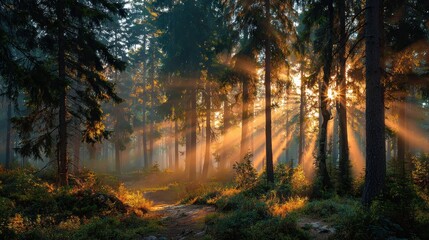 Golden light streams through pine trees in a beautiful forest at sunset, creating a magical atmosphere