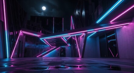 Neon-lit futuristic cityscape under a full moon, reflecting on wet pavement