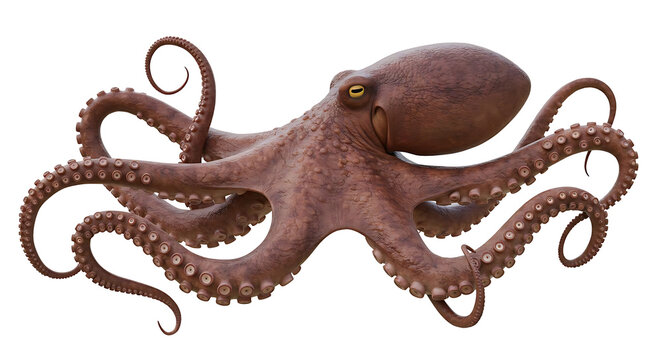 A detailed, realistic illustration of a large, brown octopus with eight coiled tentacles, showcasing its suckers and bulbous head against a stark white background. - Powered by Adobe