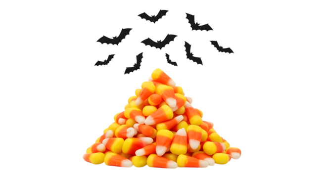 A pile of candy corn with black bats flying above it, isolated on transparent background