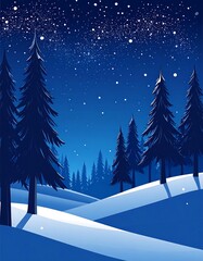 Snowy night forest landscape