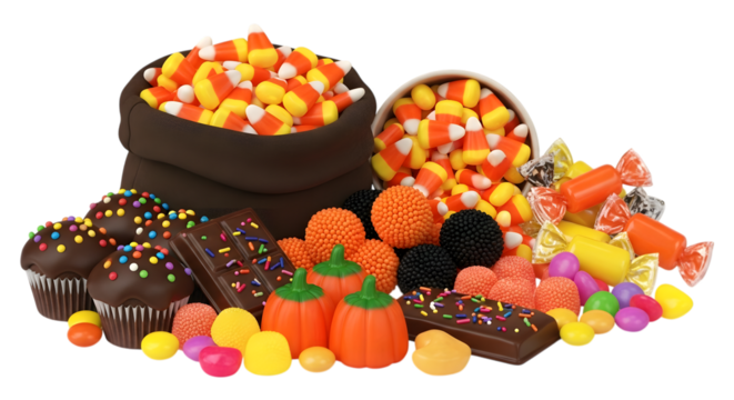Assortment of halloween candy including candy corn, cupcakes, chocolate bars, and gummy candies, isolated on transparent background