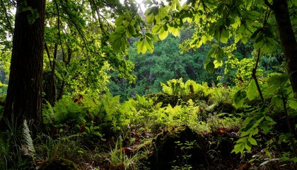Lush forest floor bathed in dappled sunlight