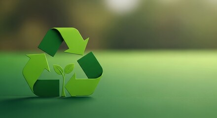 Symbol of sustainability featuring a green recycling logo with a small plant on a blurred natural background