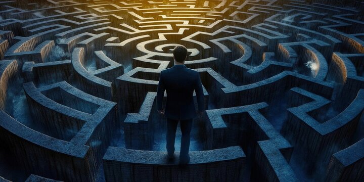 A businessman contemplating a challenging maze representing difficult choices and paths