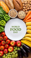 Celebrate World Food Day with a vibrant display of fresh fruits and vegetables arranged artistically on a wooden table