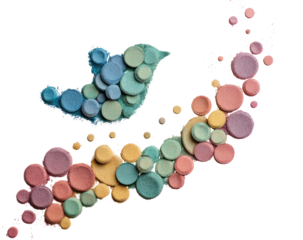 Colorful bird shapes made of pastel-colored pills arranged in a flowing, abstract pattern