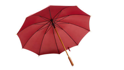 Red umbrella with wooden handle on isolated on a transparent background rain protection
