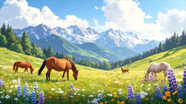 Horses grazing in mountain meadow