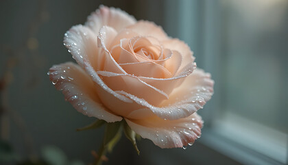 Fototapeta premium Beautiful light pink rose with delicate dew drops.