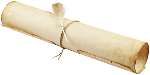 Rolled parchment scroll with feather pen tied with twine isolated on a transparent background
