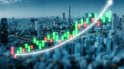 Conceptual stock image featuring a rising stock market graph over a cityscape, illustrating financial growth and advanced technology in data visualization and investment strategy. Copula - Powered by Adobe