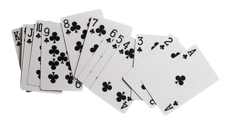 Playing cards for poker and gambling, suit of clubs isolated on white background with clipping path