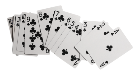 Playing cards for poker and gambling, suit of clubs isolated on white background with clipping path