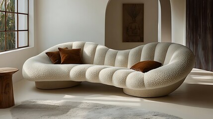 Organic Curved Boucle Sofa Brown Pillows a Bright Modern Living Room couch furniture