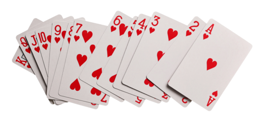 Playing cards for poker and gambling, series of hearts isolated on white background with clipping path	