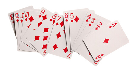 Playing cards for poker and gambling, suit of diamonds isolated on white background with clipping path	
