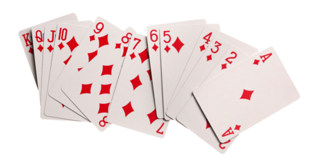 Playing cards for poker and gambling, suit of diamonds isolated on white background with clipping path	