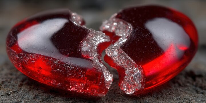 The image shows a broken red heart, symbolizing love and loss with shattered details.
