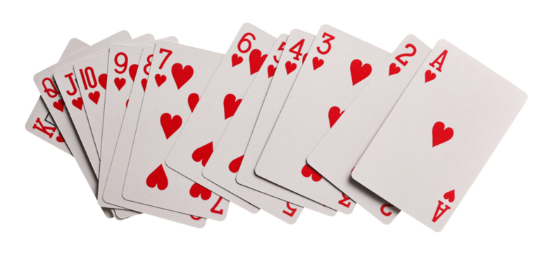 Playing cards for poker and gambling, series of hearts isolated on white background with clipping path	