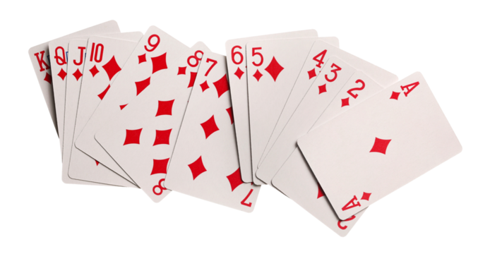 Playing cards for poker and gambling, suit of diamonds isolated on white background with clipping path	
