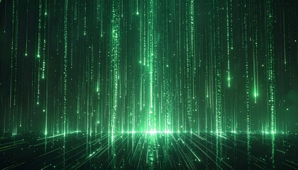 Abstract digital rain of glowing green particles