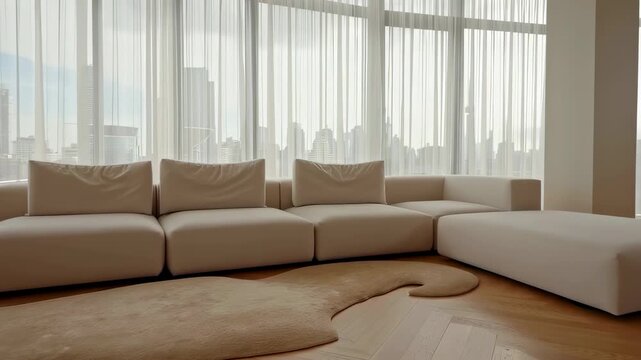 Luxury white sofa in modern apartment with city skyline view
