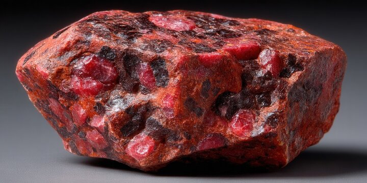Detailed image of a raw, uncut ruby with red crystals and a dark matrix.