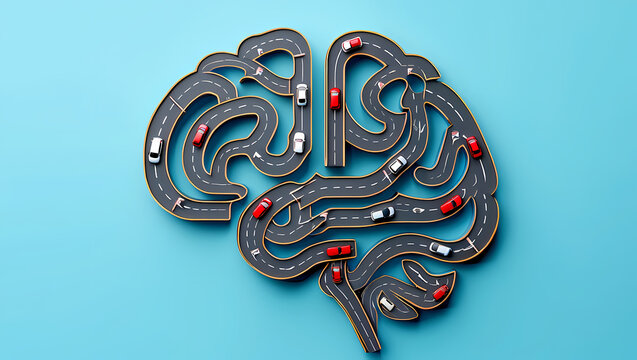 Brain shaped road network with cars symbolizing traffic and transportation concept