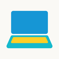 A simple, flat design illustration of an open laptop computer with a blue screen and a yellow keyboard.