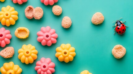 Colorful Flower Shaped Cereal and Ladybug on Teal Background
