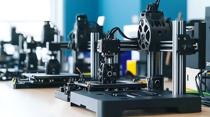 Fototapeta premium 3D Printers in Operation on a Workshop Desk