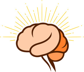 Brain glowing with light, representing ideas, creativity, and intelligence. Hand-drawn style.