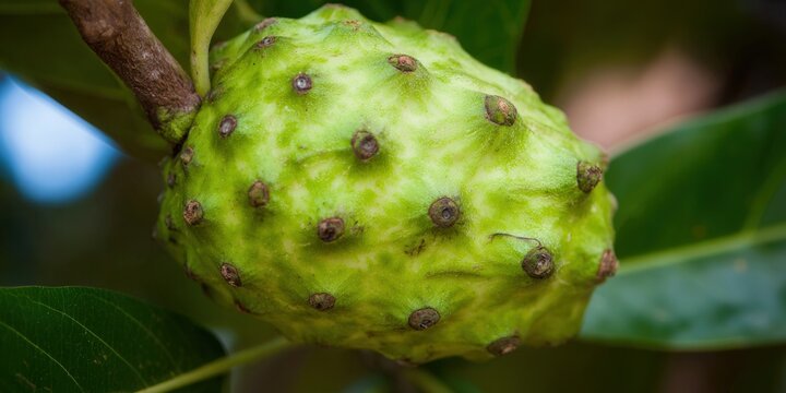 A close-up of a vibrant green noni fruit growing on a tree branch, revealing details.