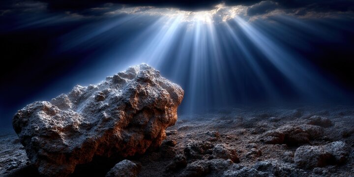 Dramatic sunbeams piercing through clouds illuminate a rocky landscape