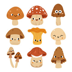 Cute cartoon mushrooms with smiling faces. Set of funny forest fungi characters in flat style. Perfect for kids designs, stickers, autumn posters, and woodland themes.