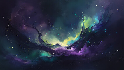 Obraz premium Vibrant cosmic nebula swirls with luminous hues of green purple and yellow amidst distant stars